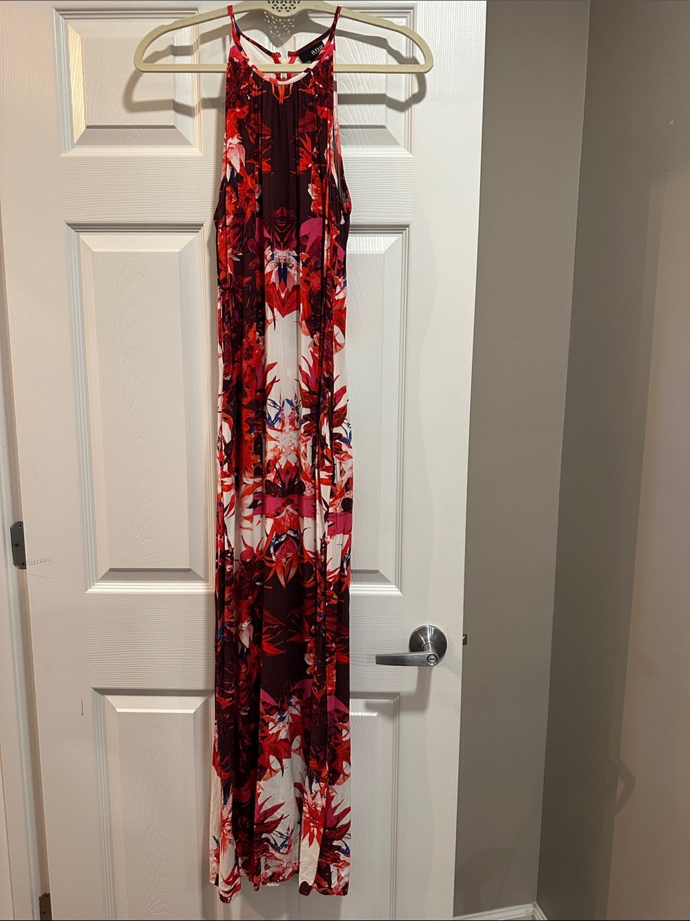 Red Floral Halter Maxi Dress with Pockets